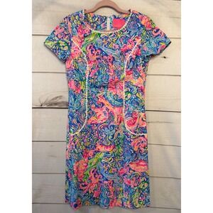 Lilly Pulitzer Blue Pink Floral Pom Pom Trim Shift Dress Style 004792 Size 2